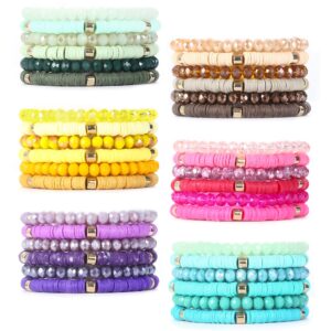 JEWPARK 36Pcs Bohemian Multi-Layer Beaded Stacking Statement Bracelets Versatile Strand Stretch Sparkly Crystal Beads & Heishi Wrap Slip-on Cuff Bangle Set for Women