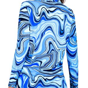 Long Sleeve Golf Shirts for Women UPF50+ Sun Protection Loose Fitting Workout Tops 1/4 Zip Up Fast Dry Lightweight Moisture Wicking Tennis Yoga Athletic Shirt Marble Printed Blue Wave, XX-Large