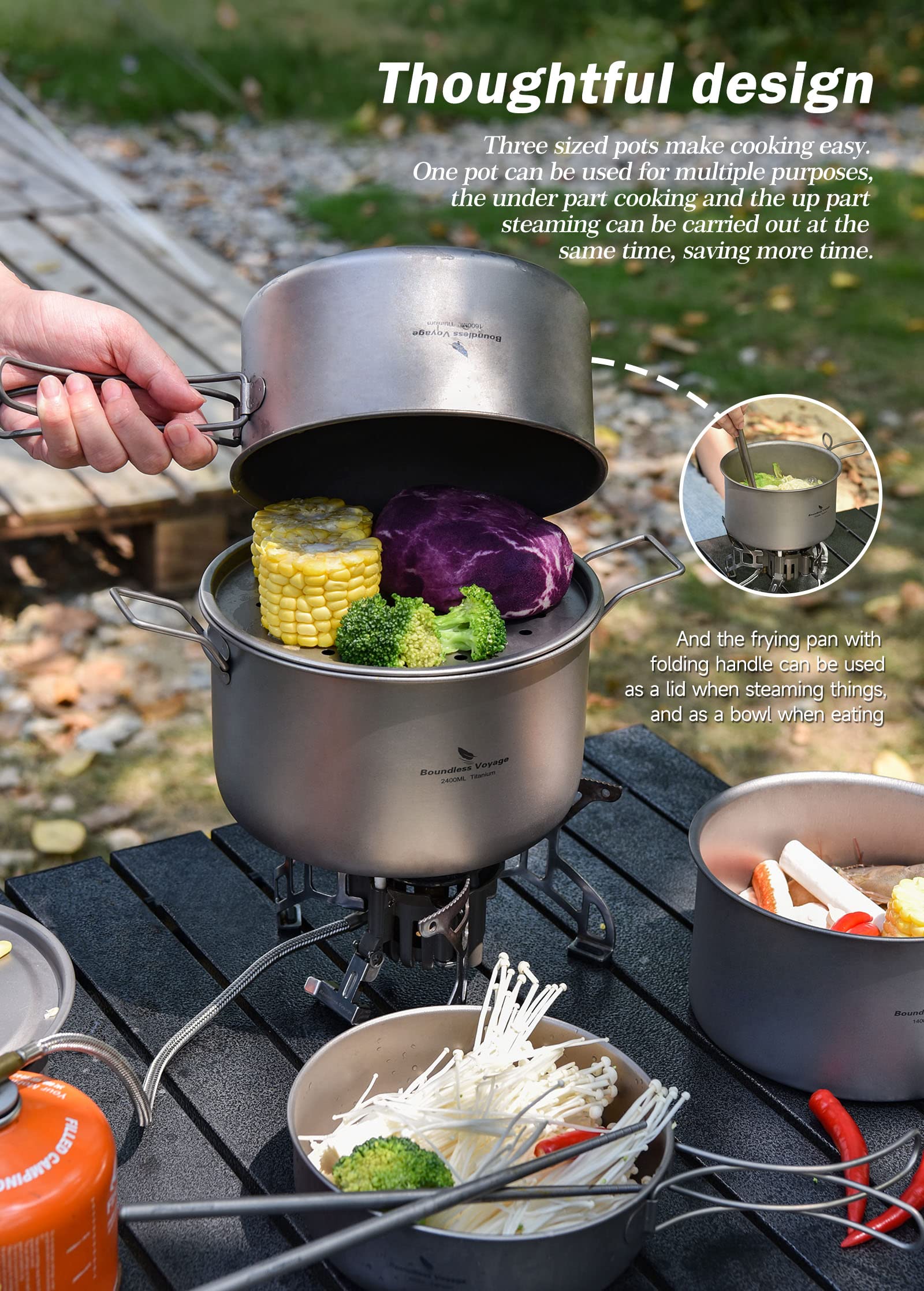 Boundless Voyage Titanium Pot Portable Camping Cookware Lightweight Cooking Pot Set for Outdoor Cooking Traveling Backpacking Hiking Trekking Picnic (3 Pcs Set)