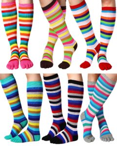 jeere 6 pairs rainbow toe socks women cotton knee high toe socks with toes separated striped thigh high socks leg warmers lgbt pride long socks (black, grey, pink, red, coffee, green)