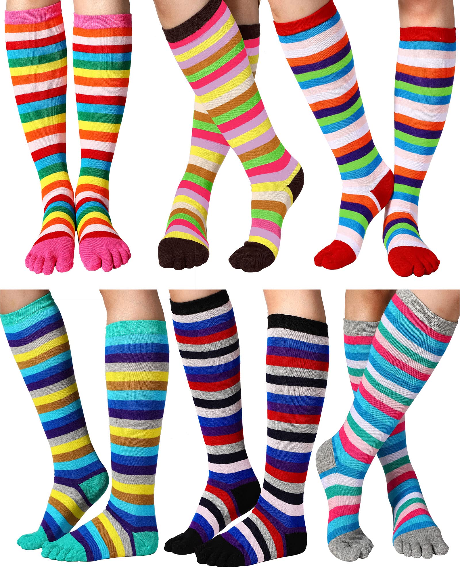 Jeere 6 Pairs Rainbow Toe Socks Women Cotton Knee High Toe Socks With Toes Separated Striped Thigh High Socks Leg Warmers LGBT Pride Long Socks (Black, Grey, Pink, Red, Coffee, Green)