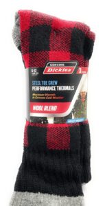 dickies genuine men’s 3-pairs steel toe crew performance thermals socks, wool blend , multicolor (red, black & gray) pack of 1