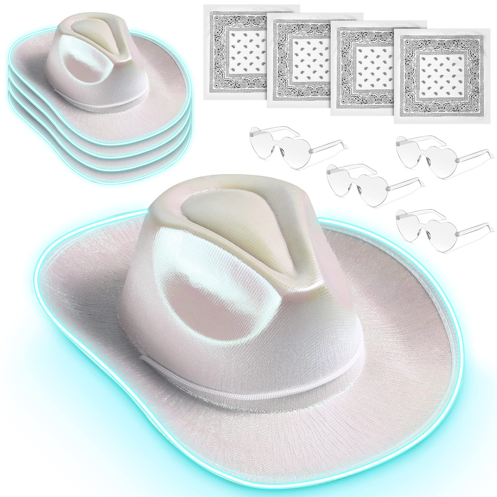 12 Pack Cowboy Hat with Bandanna Heart Sunglasses LED Cowboy Hat Bulk Flashing Cowboy Hat for Adult Party Costume(White)