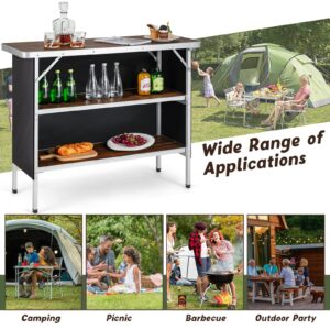 Giantex Folding Camping Table, Aluminum Portable Bar Table 43.5''L x 34.5''H, 2-Tier Open Storage Shelves, Removable Oxford Cloth, Carrying Bag, Foldable Picnic Table for BBQ Outdoor Party (Coffee)