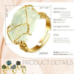 Sureio 12 Pieces Chakra Crystal Ring Healing Crystal Adjustable Gemstone Irregular Stone Rings for Women and Girls Colorful Gem Copper Wire Wrap Ring for Women, Gold Ring