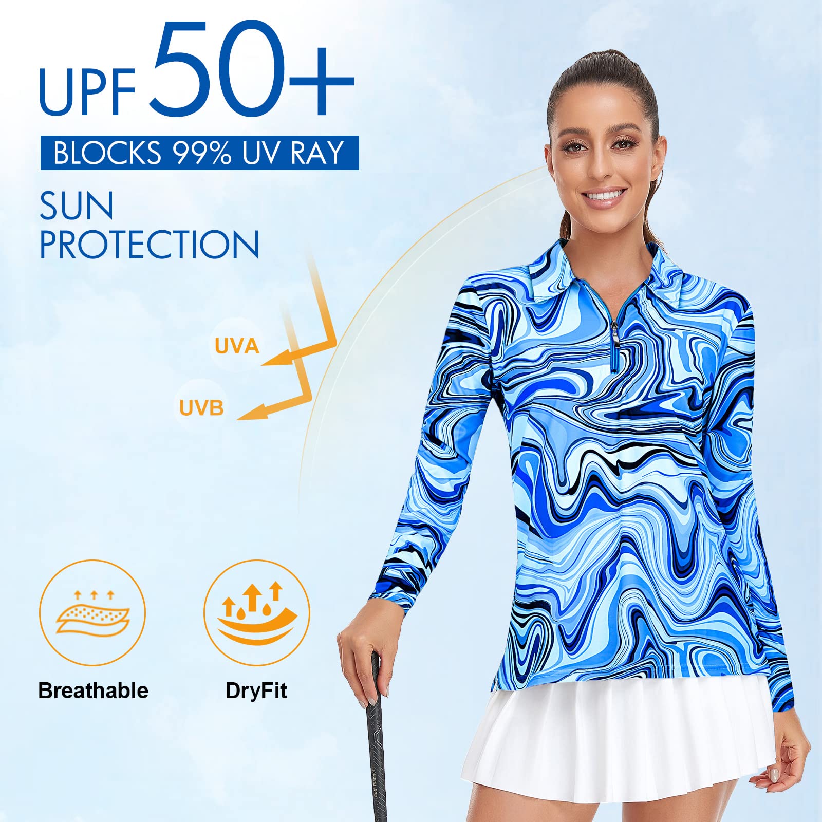 Long Sleeve Golf Shirts for Women UPF50+ Sun Protection Loose Fitting Workout Tops 1/4 Zip Up Fast Dry Lightweight Moisture Wicking Tennis Yoga Athletic Shirt Marble Printed Blue Wave, XX-Large