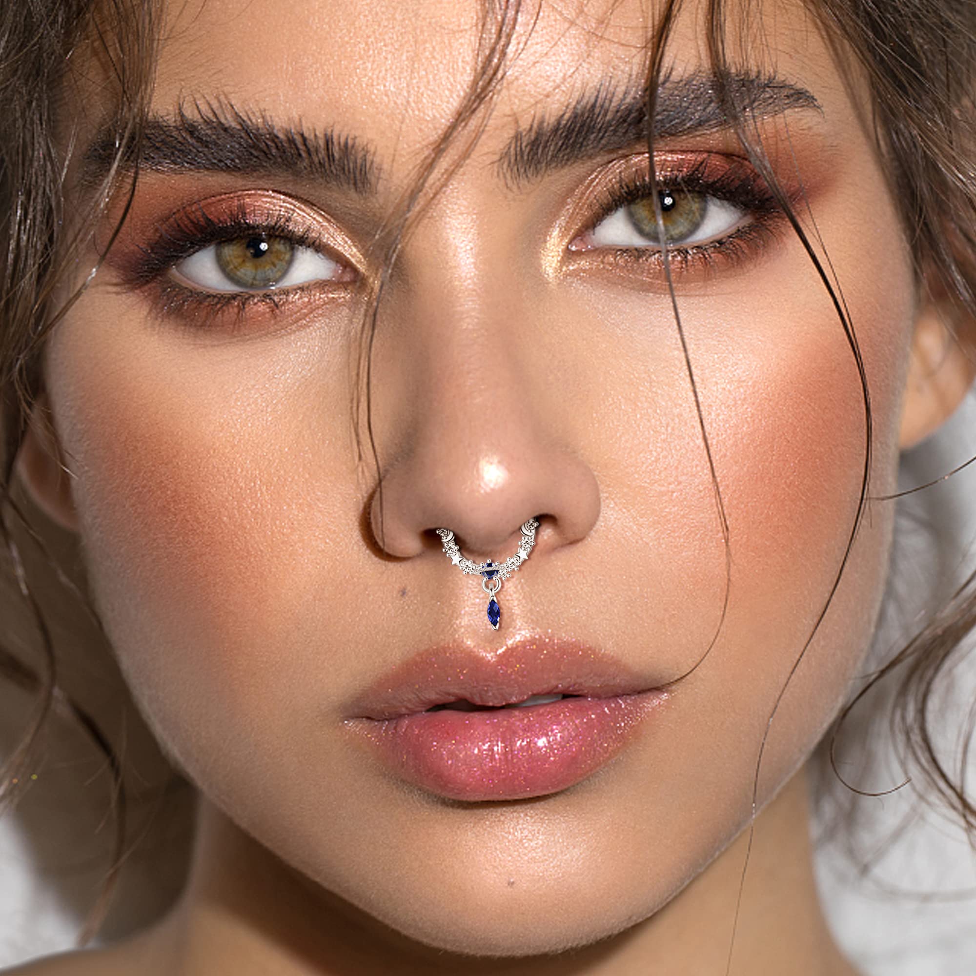 YADOCA 16G Septum Rings Dangle Septum Clicker Piercing Jewelry Hypoallergenic 316L Surgical Steel Blue Planet Star Moon Teardrop Clear CZ Dangly Nose Ring Daith Helix Earrings Piercing Jewelry for Women Men 10MM