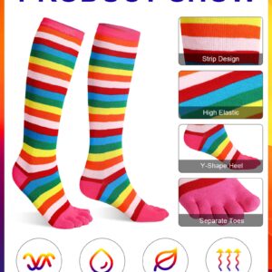 Jeere 6 Pairs Rainbow Toe Socks Women Cotton Knee High Toe Socks With Toes Separated Striped Thigh High Socks Leg Warmers LGBT Pride Long Socks (Black, Grey, Pink, Red, Coffee, Green)