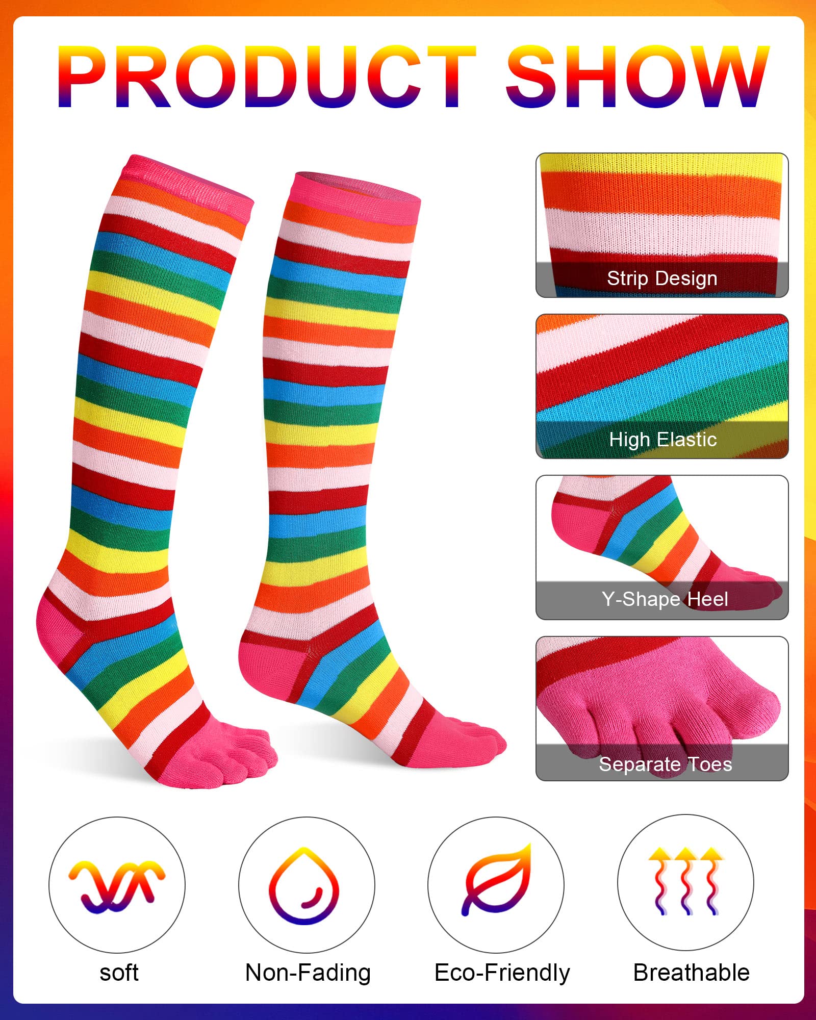 Jeere 6 Pairs Rainbow Toe Socks Women Cotton Knee High Toe Socks With Toes Separated Striped Thigh High Socks Leg Warmers LGBT Pride Long Socks (Black, Grey, Pink, Red, Coffee, Green)