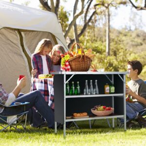 Giantex Folding Camping Table, Aluminum Portable Bar Table 43.5''L x 34.5''H, 2-Tier Open Storage Shelves, Removable Oxford Cloth, Carrying Bag, Foldable Picnic Table for BBQ Outdoor Party (Coffee)