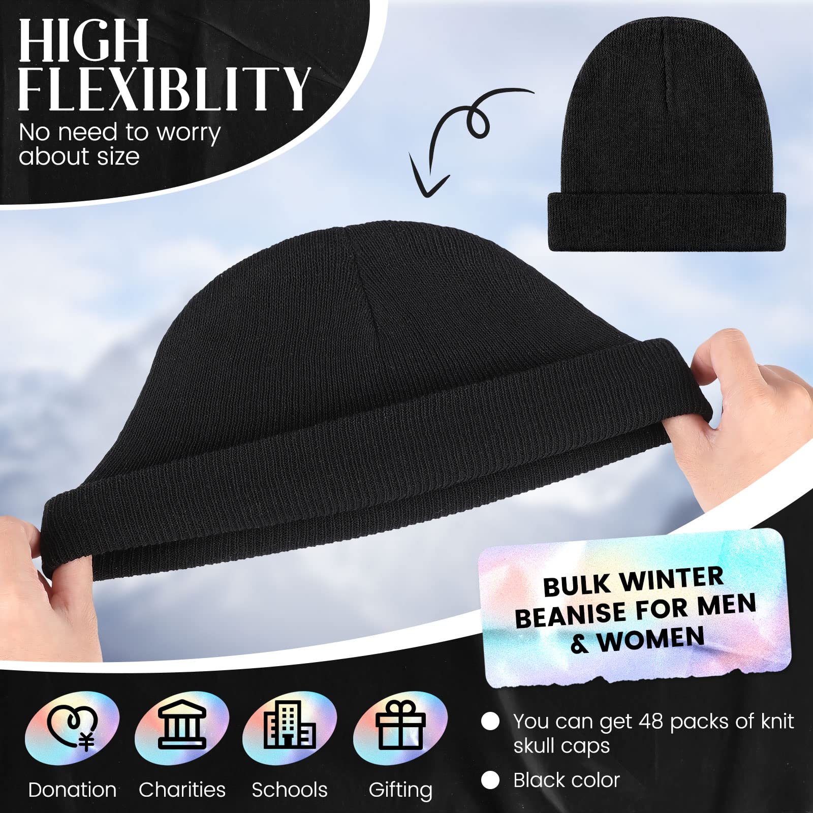 Tarpop 48 Pcs Winter Beanies Bulk Unisex Warm Skull Cap Elastic Knitted Beanie Hats for Men Women Gifts (Black)