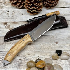 Golden Horn Expert in Handcraft Hunting Knife Camping Knife with Personalized Wood Handle and Leather Sheath for Gift Olive Handle Bohler N690 Bushcraft Knife