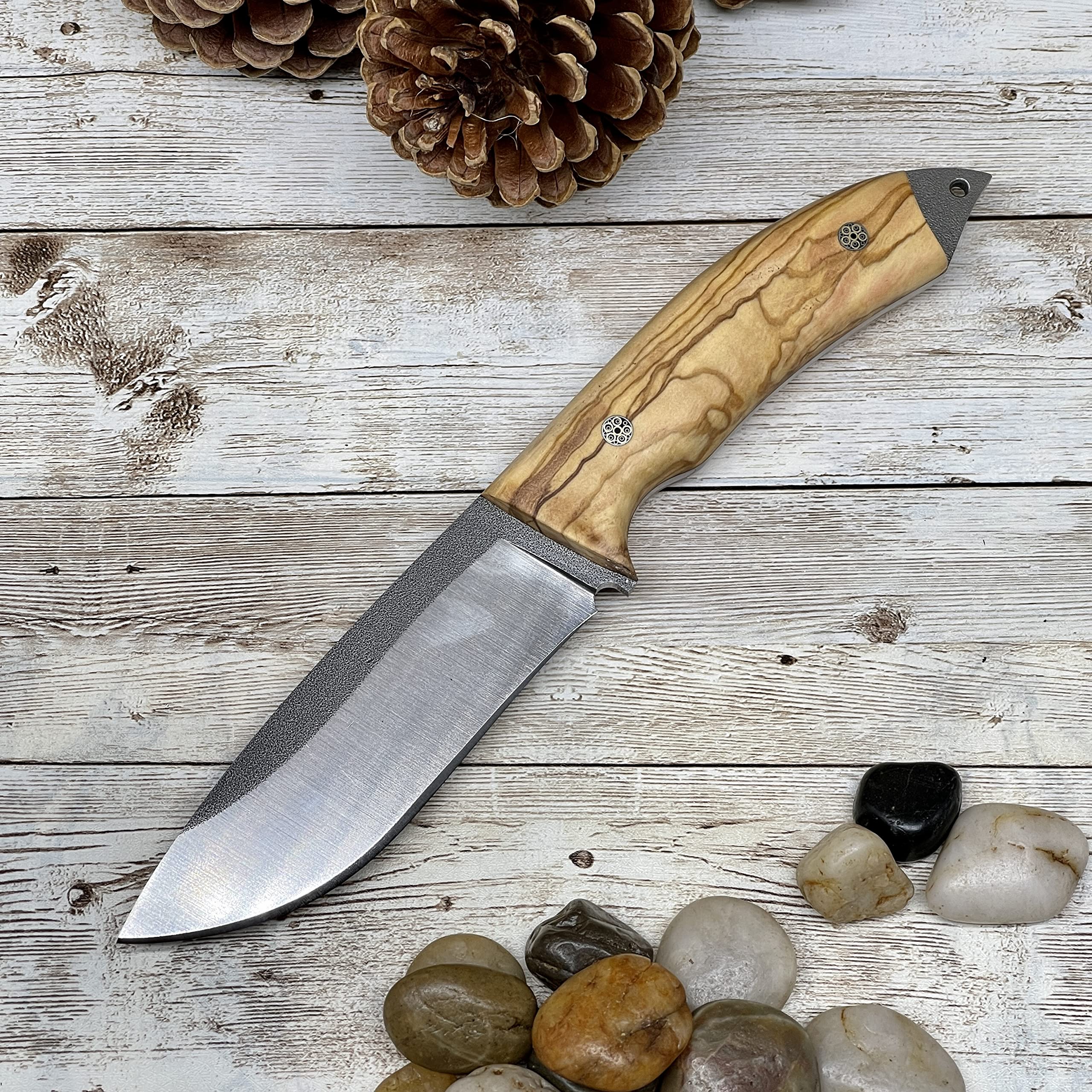 Golden Horn Expert in Handcraft Hunting Knife Camping Knife with Personalized Wood Handle and Leather Sheath for Gift Olive Handle Bohler N690 Bushcraft Knife