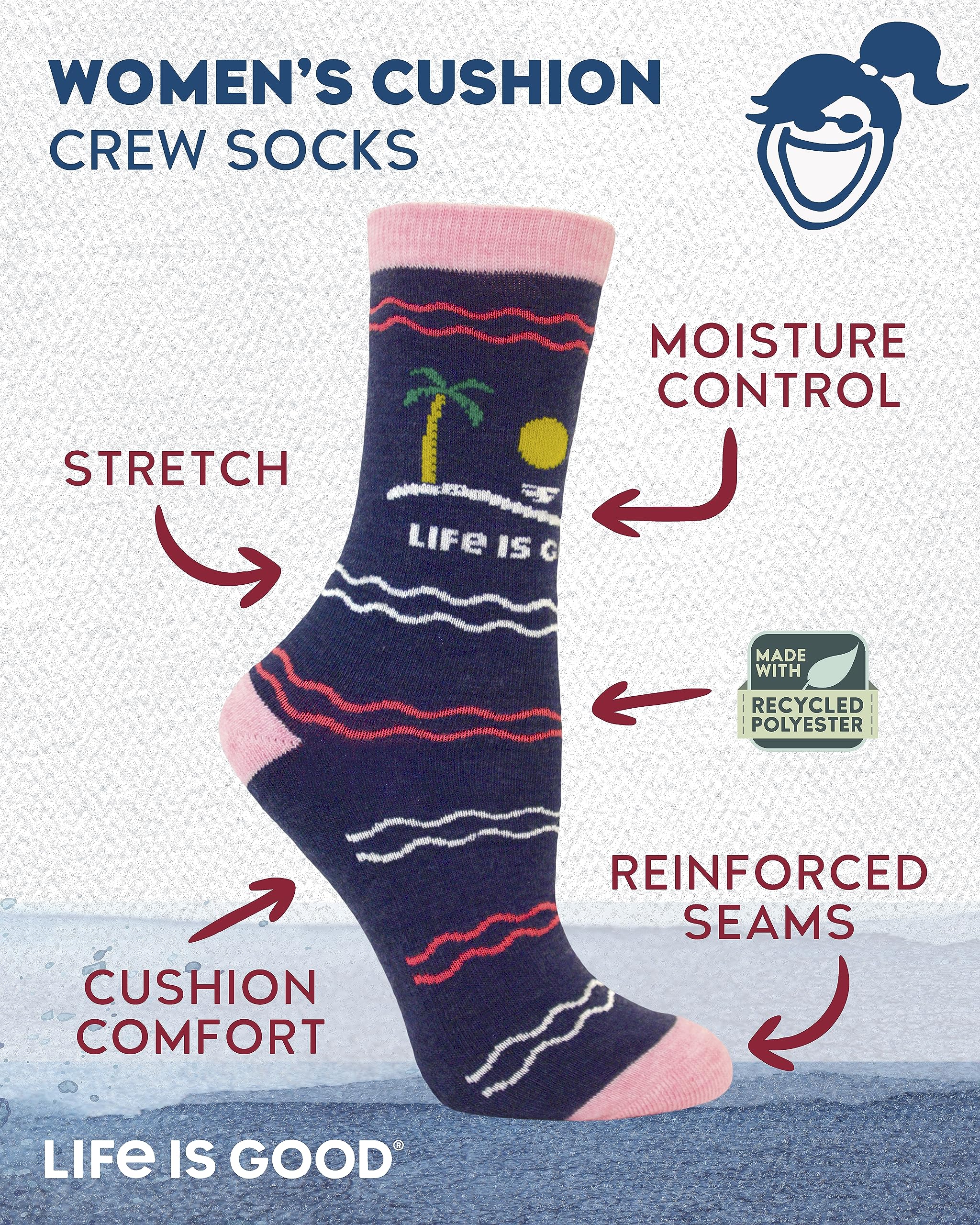 Life is Good Women's Socks - Novelty Crew Cut Socks (3 Pack), Size Shoe Size: 4-10, Navy