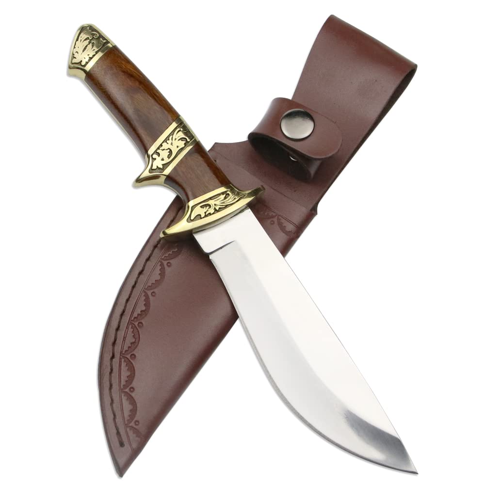 LENGREN Handmade Nepal 9CR18MOV Steel Knife, 60HRC Copper Handle Handmade Hunting Knife And Cowhide Sheath