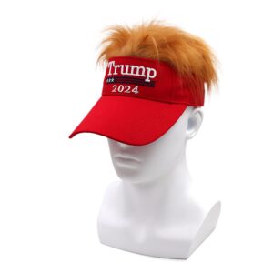 Trump Hat with Hair 2024 MAGA Hat Donald Trump Make America Great Again Wig Hat Embroidered USA Adjustable Red Baseball Cap for Woman Men