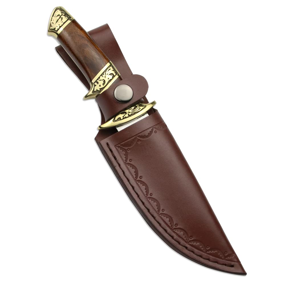 LENGREN Handmade Nepal 9CR18MOV Steel Knife, 60HRC Copper Handle Handmade Hunting Knife And Cowhide Sheath