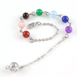 10 Pcs Silver Plated 7 Chakra Round Stone Beads ReiKi Chakra Pendulum Chain Necklace For Divination Dowsing YV0YD