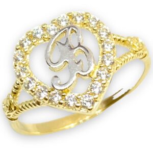 12 MM LONG LADIES TWO TONE HEART INITIAL CURSIVE ALPHABET LETTER RING REAL 10K YELLOW GOLD 4009 (J)