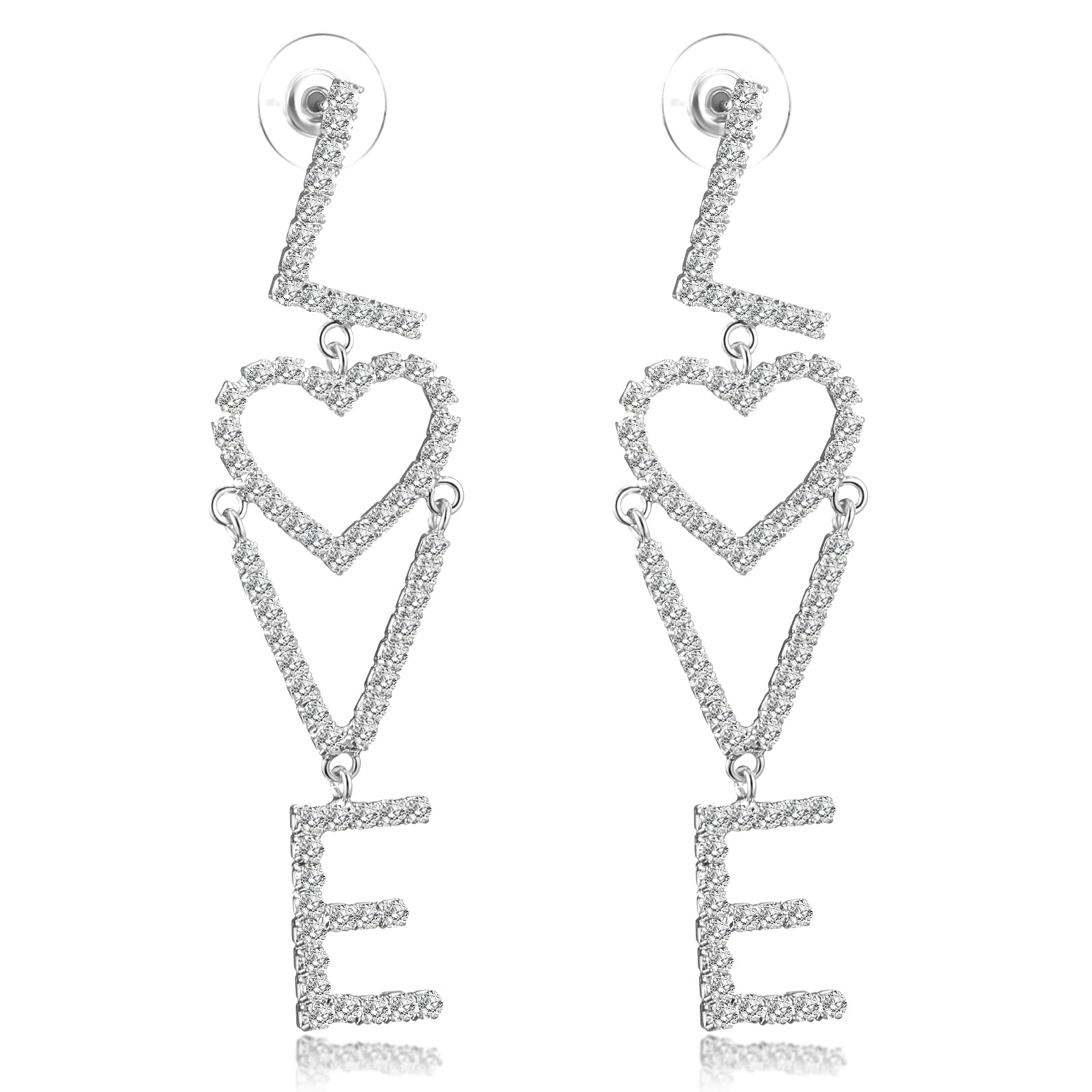 Statement Trendy Earrngs with Strass,Kitsch Style Dangle Earrings with LOVE and Heart Icons Pendant(LONG) (LOVE)