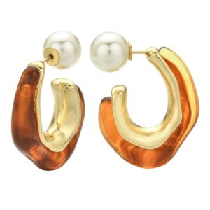 ROGOWOL Resin C Shape Open Hoop Earrings with Pearl Ball Back Hypoallergenic Double Sided Faux Pearl Acrylic Hoop Earrings for Women