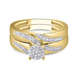 Triostar 14K Yellow Two Tone Gold Plated Round CZ Diamond Halo Circle Trio Three Ring Set Matching His and Hers Engagement Ring & Wedding Bands Women's Size 9 & Men's Size 11