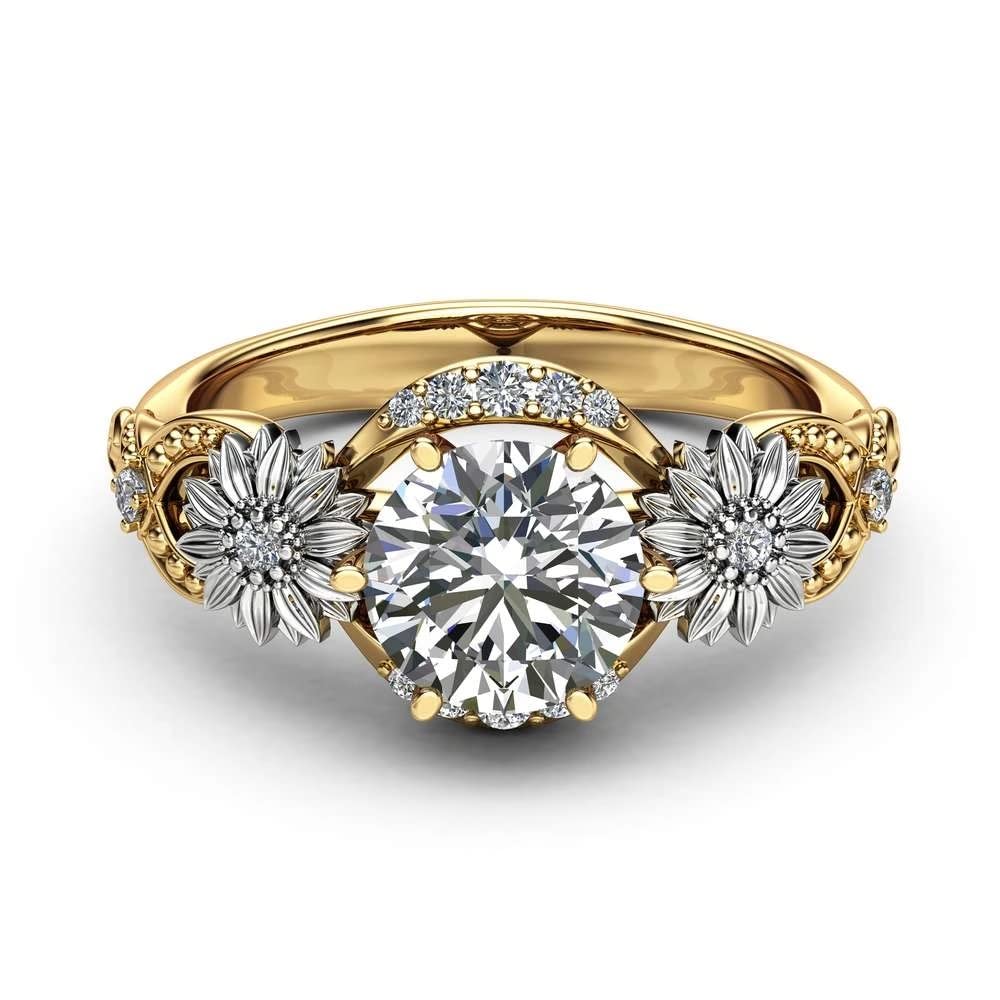 STAR JEWELLER 2.8 Ct Round Cut White Diamond Sunflower Design Two Tone Engagement Ring, 925 Sterling Silver Rhodium Plated (Yellow, 8.5)