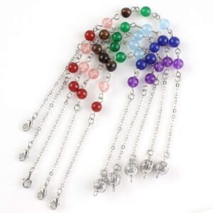 10 Pcs Silver Plated 7 Chakra Round Stone Beads ReiKi Chakra Pendulum Chain Necklace For Divination Dowsing YV0YD