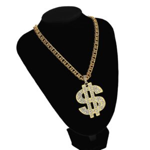 Sanglarst Gold Chain Necklace with Dollar Sign, 25.6 Inch Golden Ultra Luxury Looking Feeling Real Solid 14K Gold plated Curb Fake Neck Chain for Party Dancing