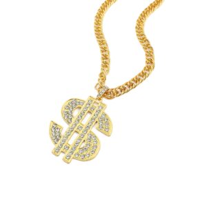 Sanglarst Gold Chain Necklace with Dollar Sign, 25.6 Inch Golden Ultra Luxury Looking Feeling Real Solid 14K Gold plated Curb Fake Neck Chain for Party Dancing