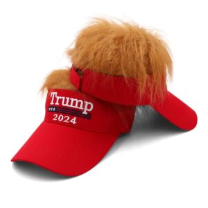 Trump Hat with Hair 2024 MAGA Hat Donald Trump Make America Great Again Wig Hat Embroidered USA Adjustable Red Baseball Cap for Woman Men