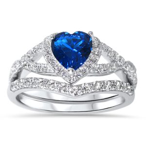 LaRaso & Co His Hers Sterling Blue Sapphire CZ Bridal Wedding Band Engagement Ring Set Him Her Thin Blue Line