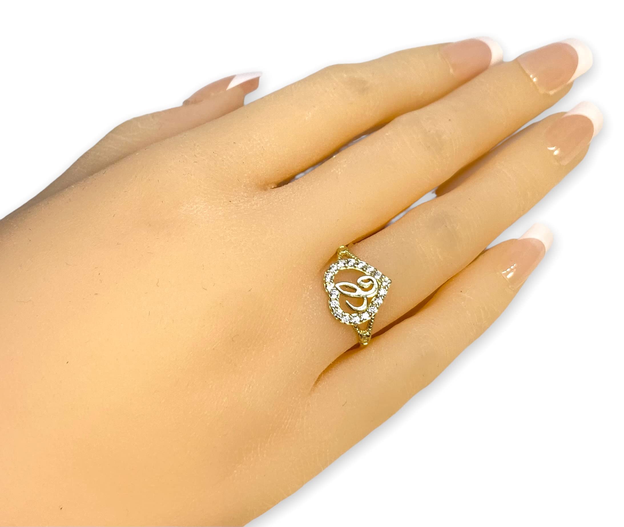 12 MM LONG LADIES TWO TONE HEART INITIAL CURSIVE ALPHABET LETTER RING REAL 10K YELLOW GOLD 4009 (J)