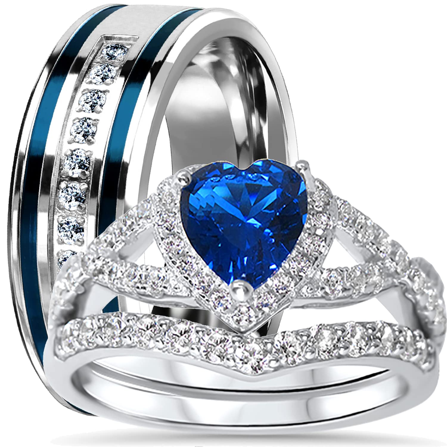 LaRaso & Co His Hers Sterling Blue Sapphire CZ Bridal Wedding Band Engagement Ring Set Him Her Thin Blue Line