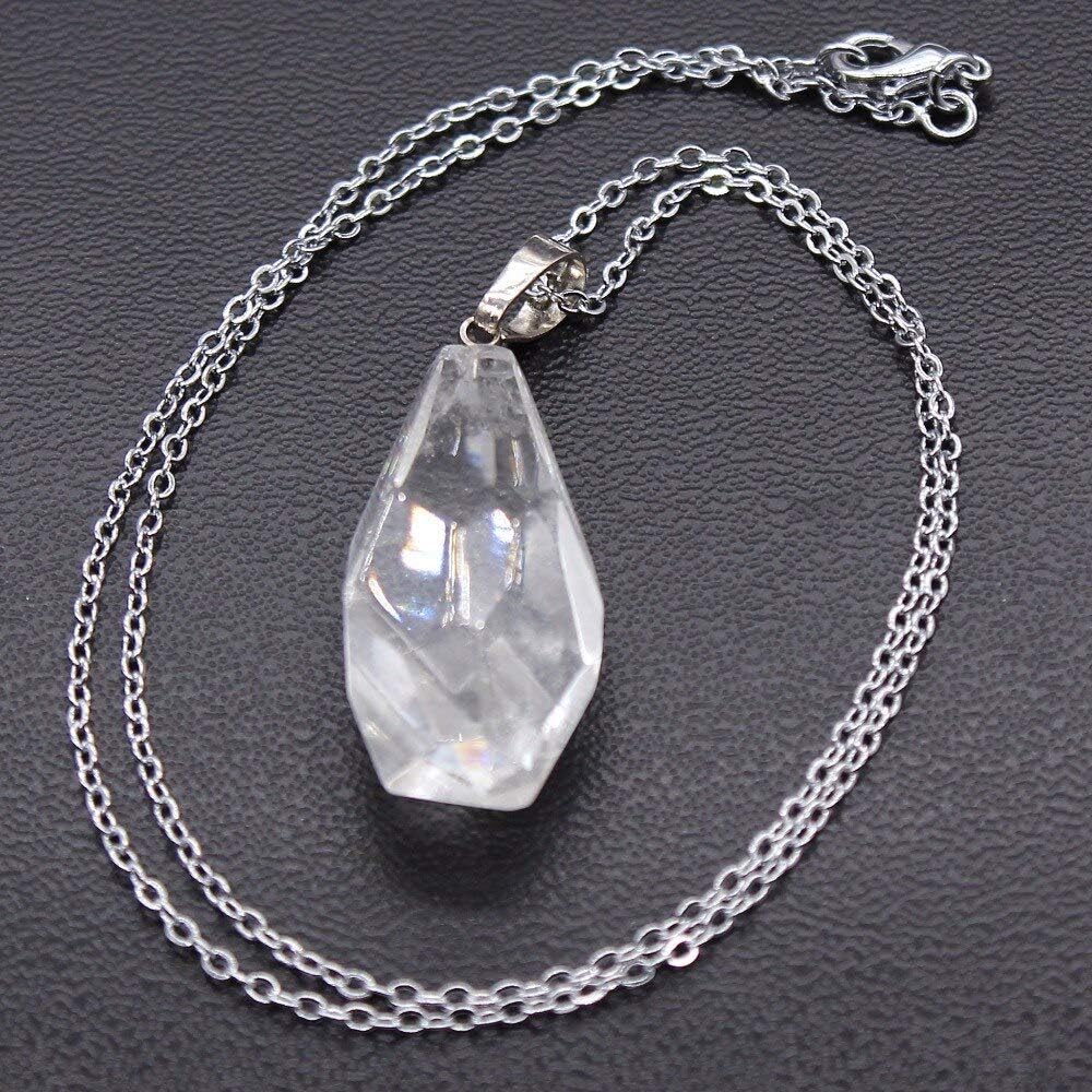 Healing Crystal Stone Pendant Amethysts Rose Pink Clear Crystal Faceted Reiki Stone Pendant Necklace PE065 (Clear Crystal)