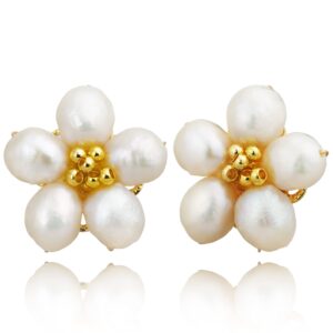 baroque pearl stud earrings for women, handmade flower pearl stud earings 14k gold plated 925 sterling silver post (white)