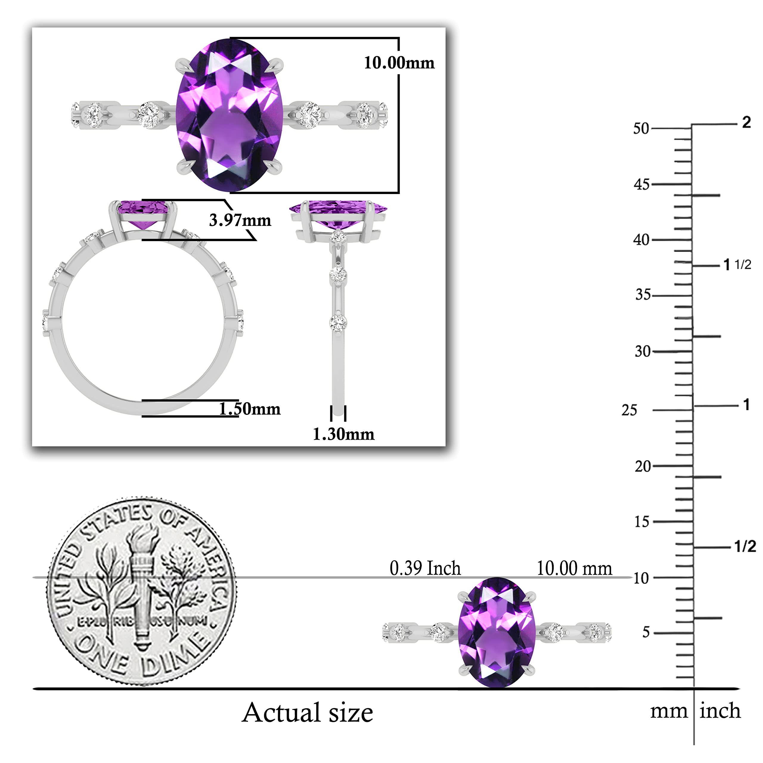 Dazzlingrock Collection 10x8mm Oval Amethyst and Round White Diamond Engagement Ring for Women in 925 Sterling Silver, Size 7