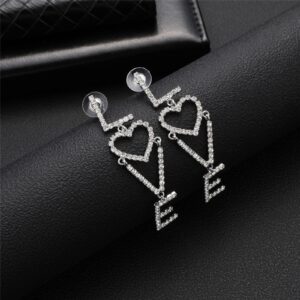 Statement Trendy Earrngs with Strass,Kitsch Style Dangle Earrings with LOVE and Heart Icons Pendant(LONG) (LOVE)