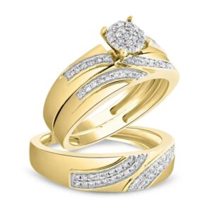 triostar 14k yellow two tone gold plated round cz diamond halo circle trio three ring set matching his and hers engagement ring & wedding bands women's size 9 & men's size 11