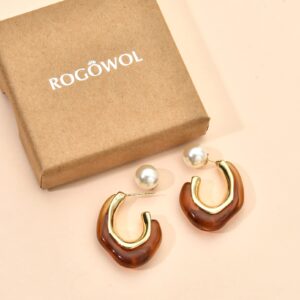 ROGOWOL Resin C Shape Open Hoop Earrings with Pearl Ball Back Hypoallergenic Double Sided Faux Pearl Acrylic Hoop Earrings for Women