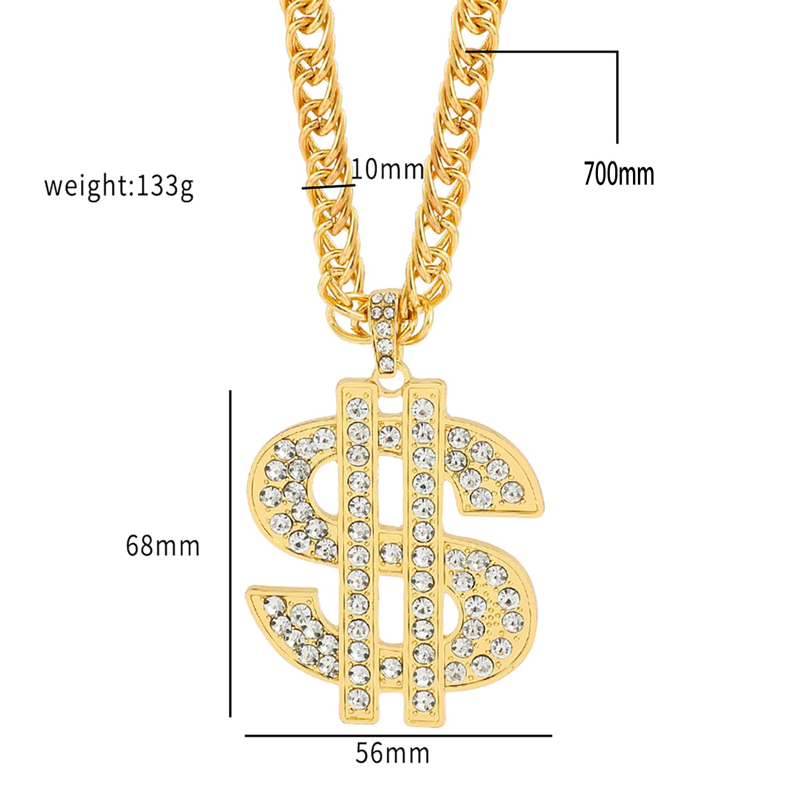 Sanglarst Gold Chain Necklace with Dollar Sign, 25.6 Inch Golden Ultra Luxury Looking Feeling Real Solid 14K Gold plated Curb Fake Neck Chain for Party Dancing