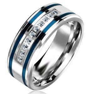 LaRaso & Co His Hers Sterling Blue Sapphire CZ Bridal Wedding Band Engagement Ring Set Him Her Thin Blue Line