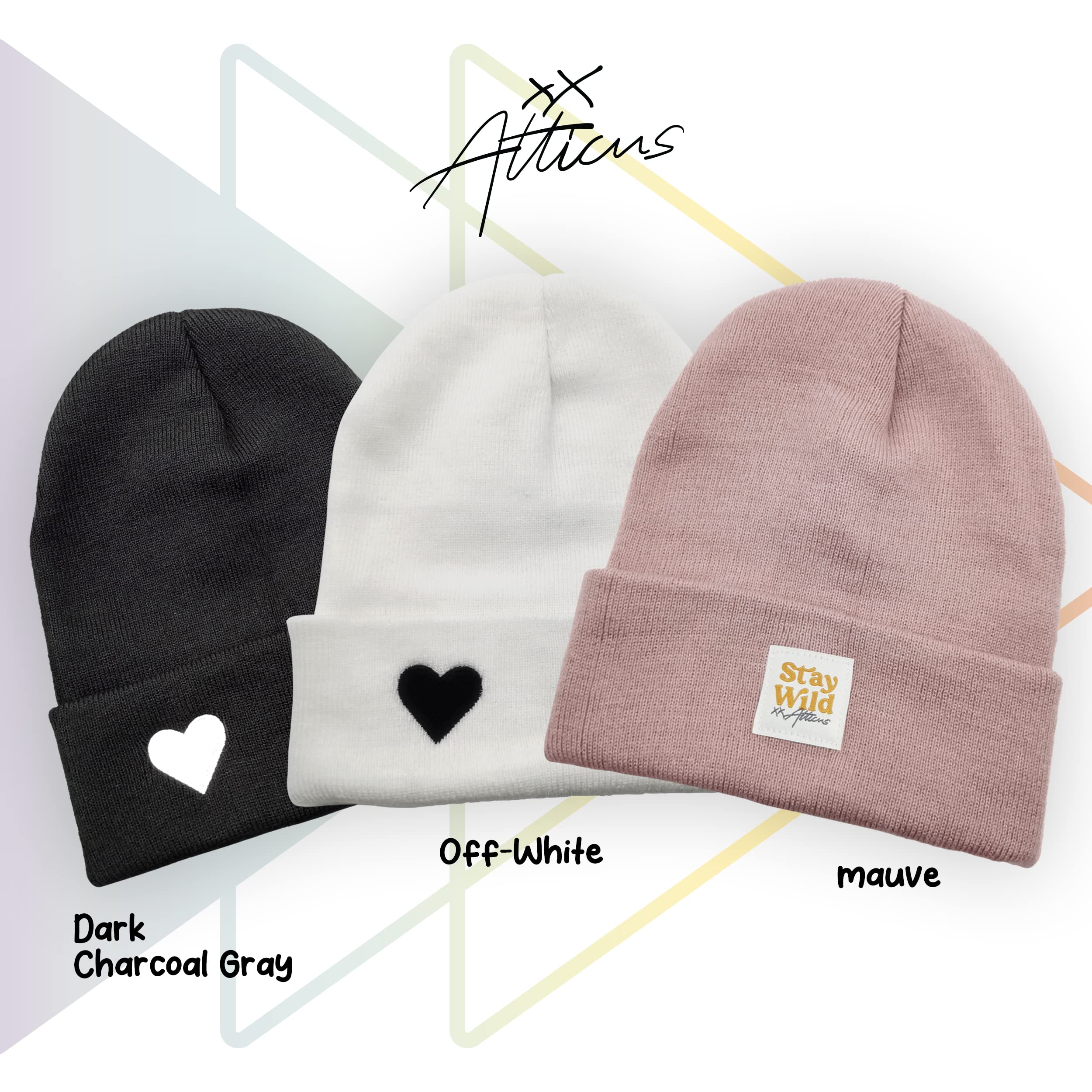 Atticus Poetry Cuffed Beanie for Women, Lightweight Acrylic Beanie for Year Round Wear - with Patch or Embroidered- One Size - Dark Grey Heart