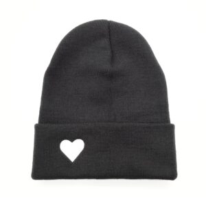 atticus poetry cuffed beanie for women, lightweight acrylic beanie for year round wear - with patch or embroidered- one size - dark grey heart