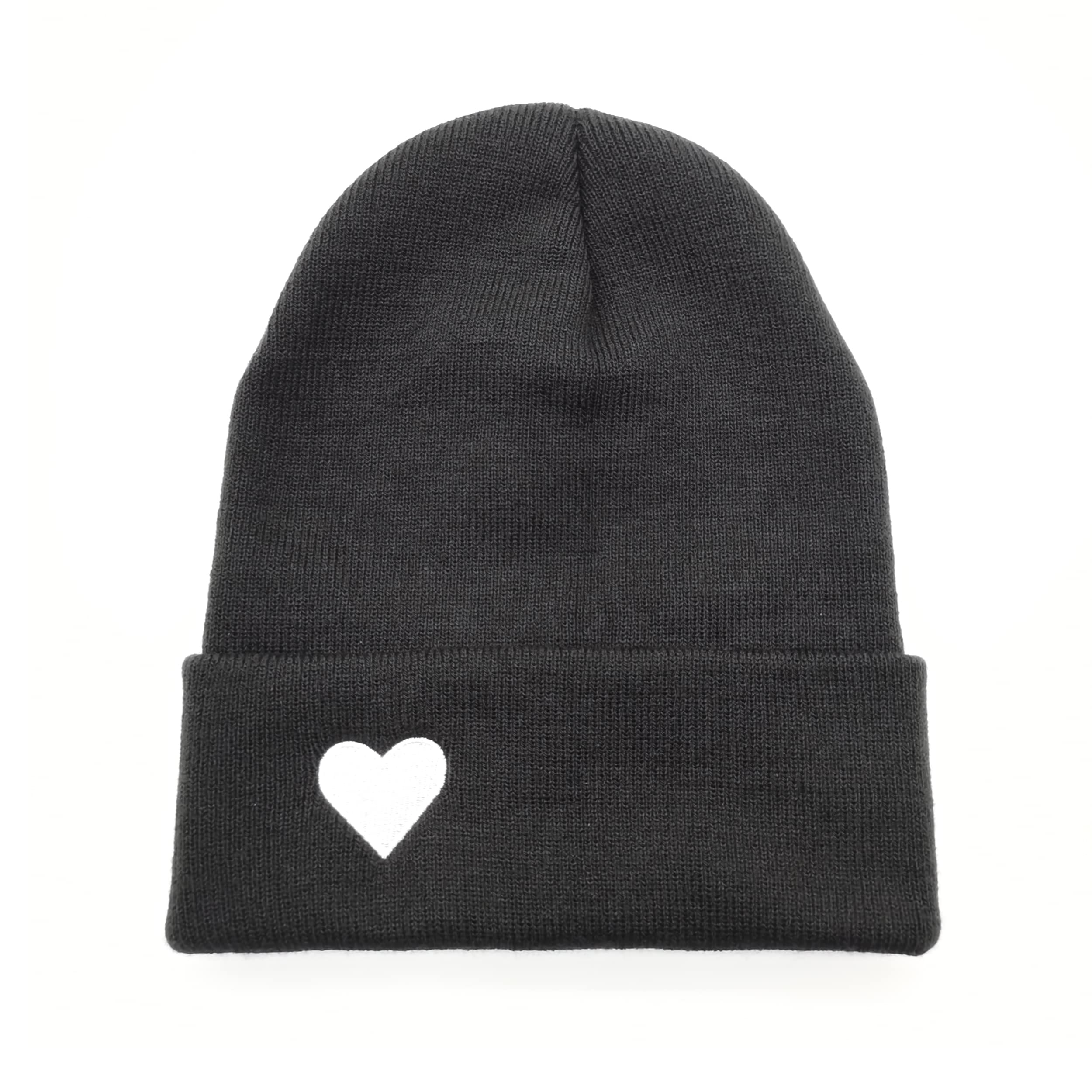 Atticus Poetry Cuffed Beanie for Women, Lightweight Acrylic Beanie for Year Round Wear - with Patch or Embroidered- One Size - Dark Grey Heart