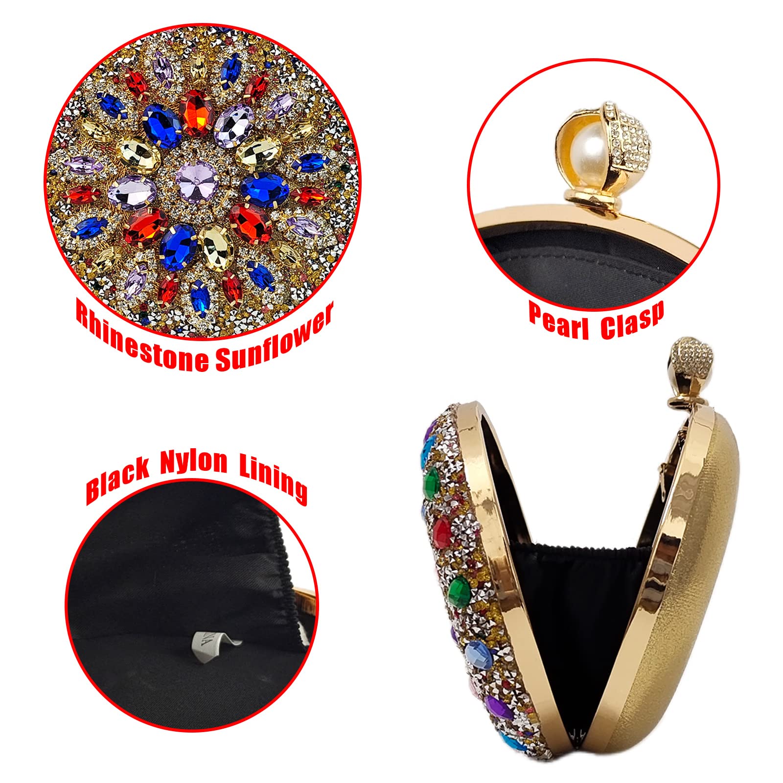 Multicolor Rhinestone Women Evening Clutch Purse Bridal Sparkly Diamond Bag Crystal Handbags Prom Wedding Cocktail Purse(Gold)