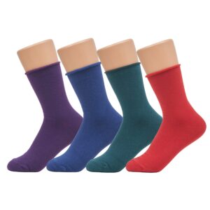 grisim women's roll top ankle high relaxed cotton crew socks, 3 or 4 pairs (shoe size 6-9) (rainbow_red/green/purple/navy)