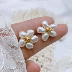 Baroque Pearl Stud Earrings for Women, Handmade Flower Pearl Stud Earings 14K Gold Plated 925 Sterling Silver Post (White)