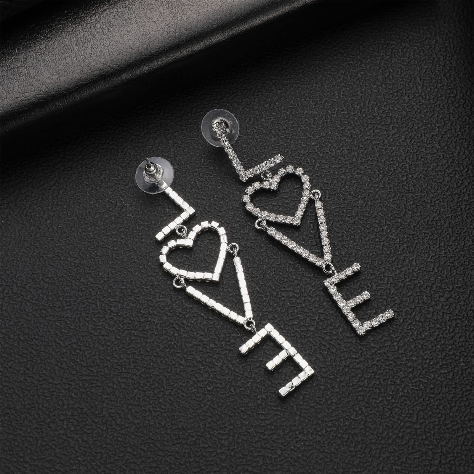 Statement Trendy Earrngs with Strass,Kitsch Style Dangle Earrings with LOVE and Heart Icons Pendant(LONG) (LOVE)