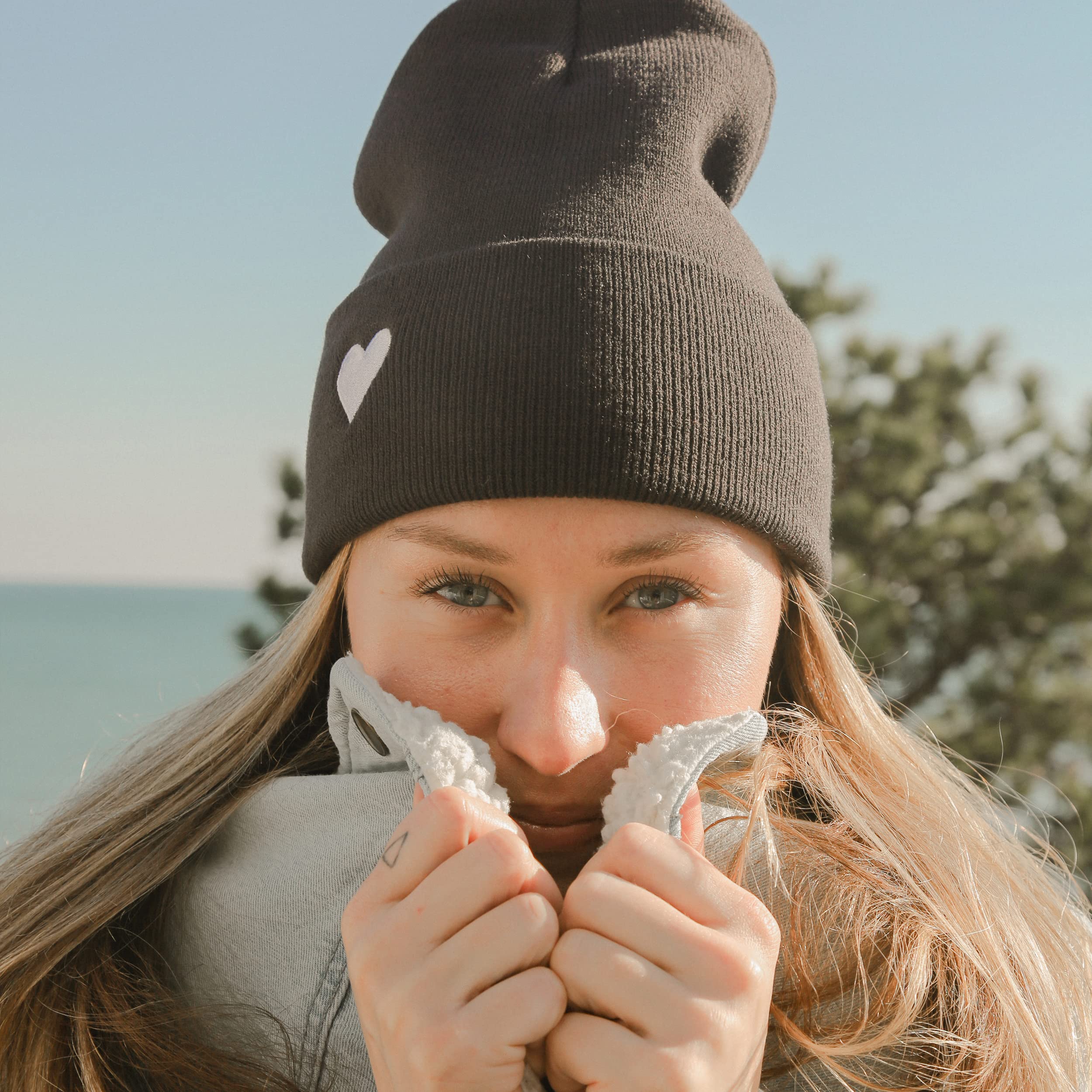 Atticus Poetry Cuffed Beanie for Women, Lightweight Acrylic Beanie for Year Round Wear - with Patch or Embroidered- One Size - Dark Grey Heart